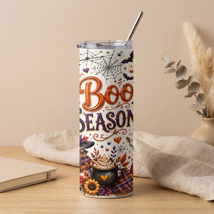 Tumbler with "Boo Season" text and Halloween motifs including bats, spiders, and a pumpkin spice drink.