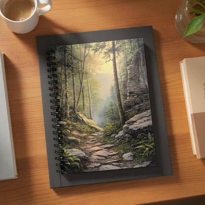 Spiral notebook with a painting of a sunlit forest path and rocky cliffs.