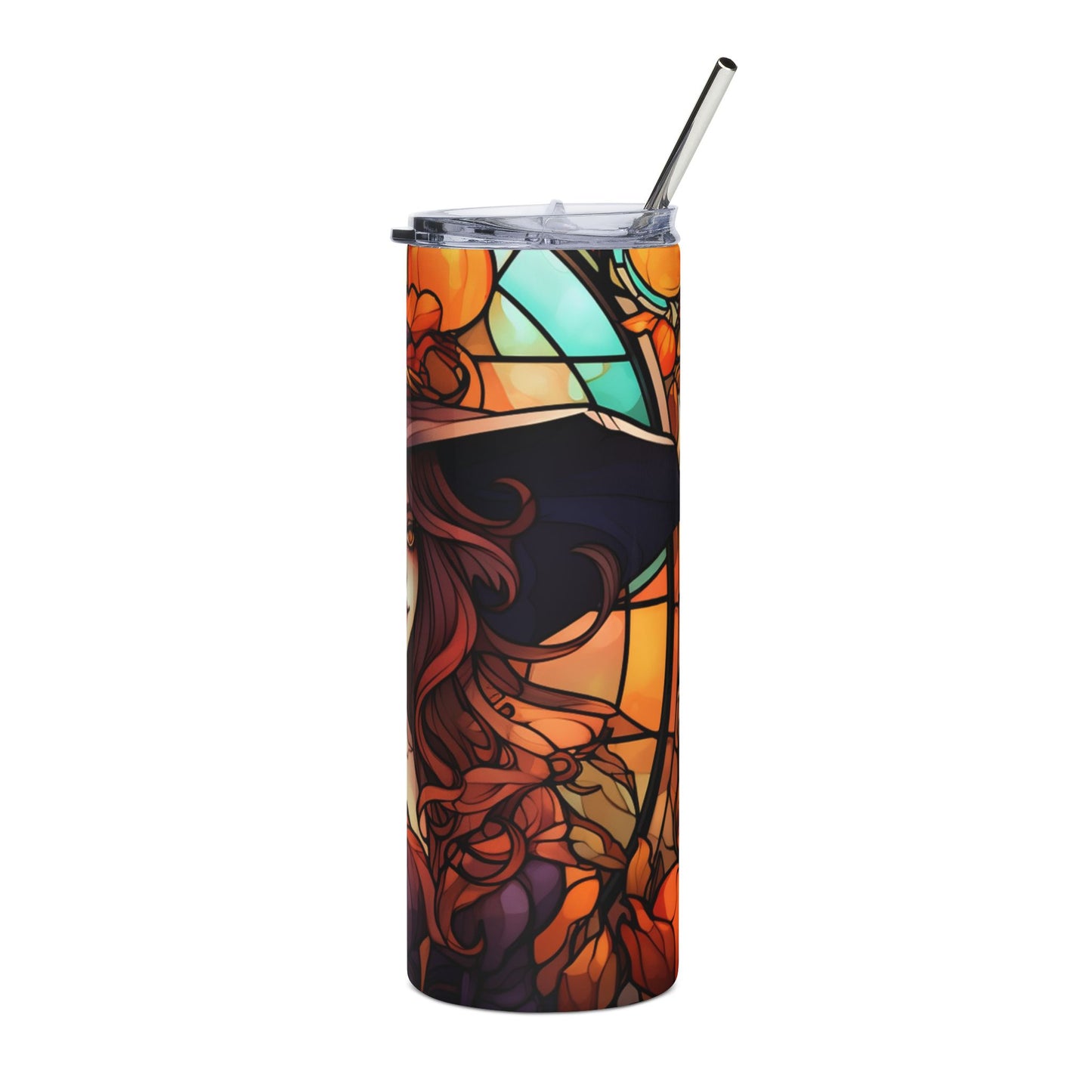 Tumbler with witch and stained glass pumpkin design, includes metal straw.