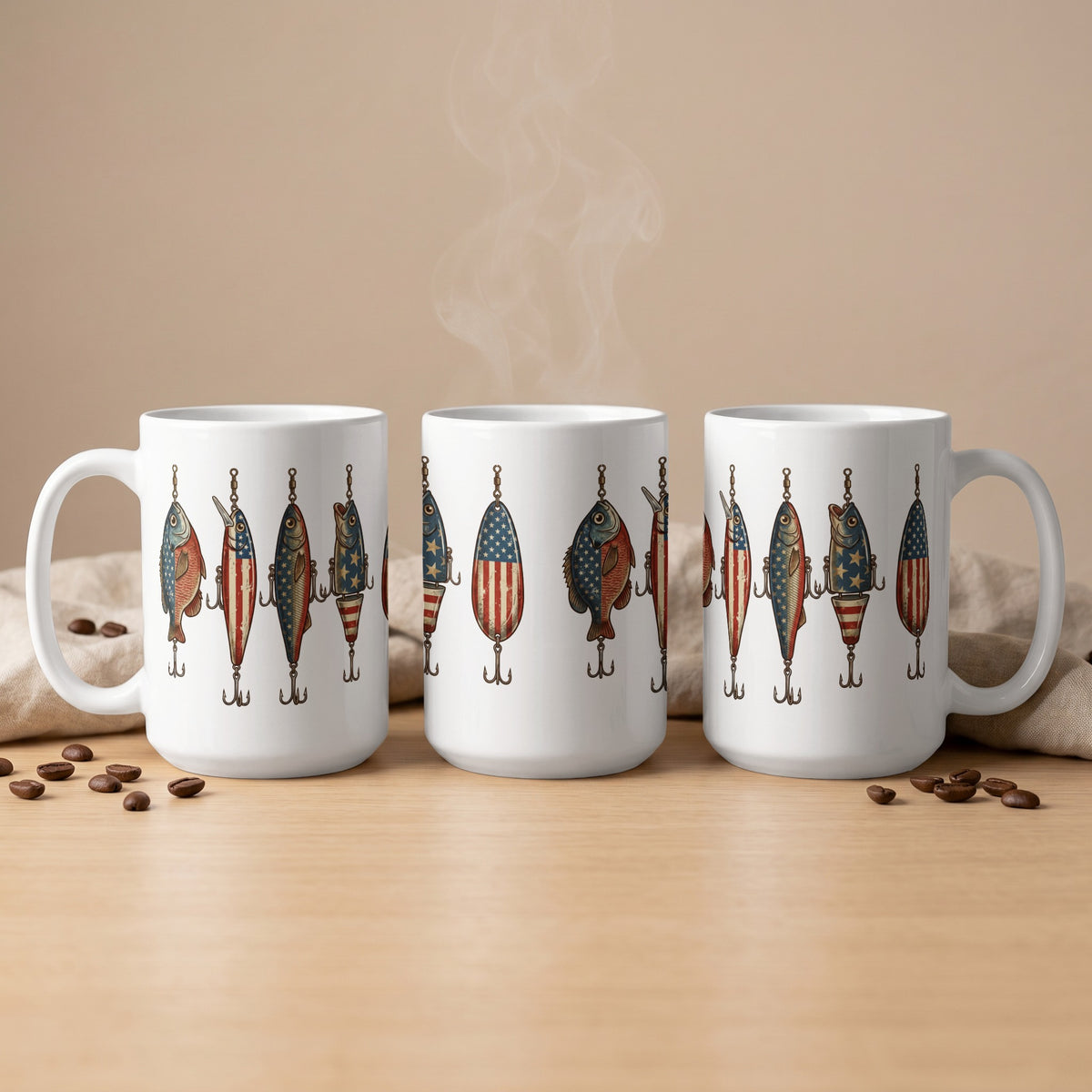 Three white mugs featuring fishing lures with American flag patterns and hooks.