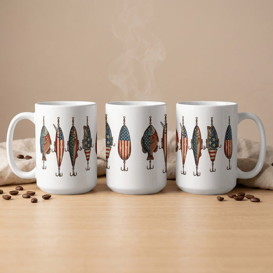 Three white mugs featuring fishing lures with American flag patterns and hooks.