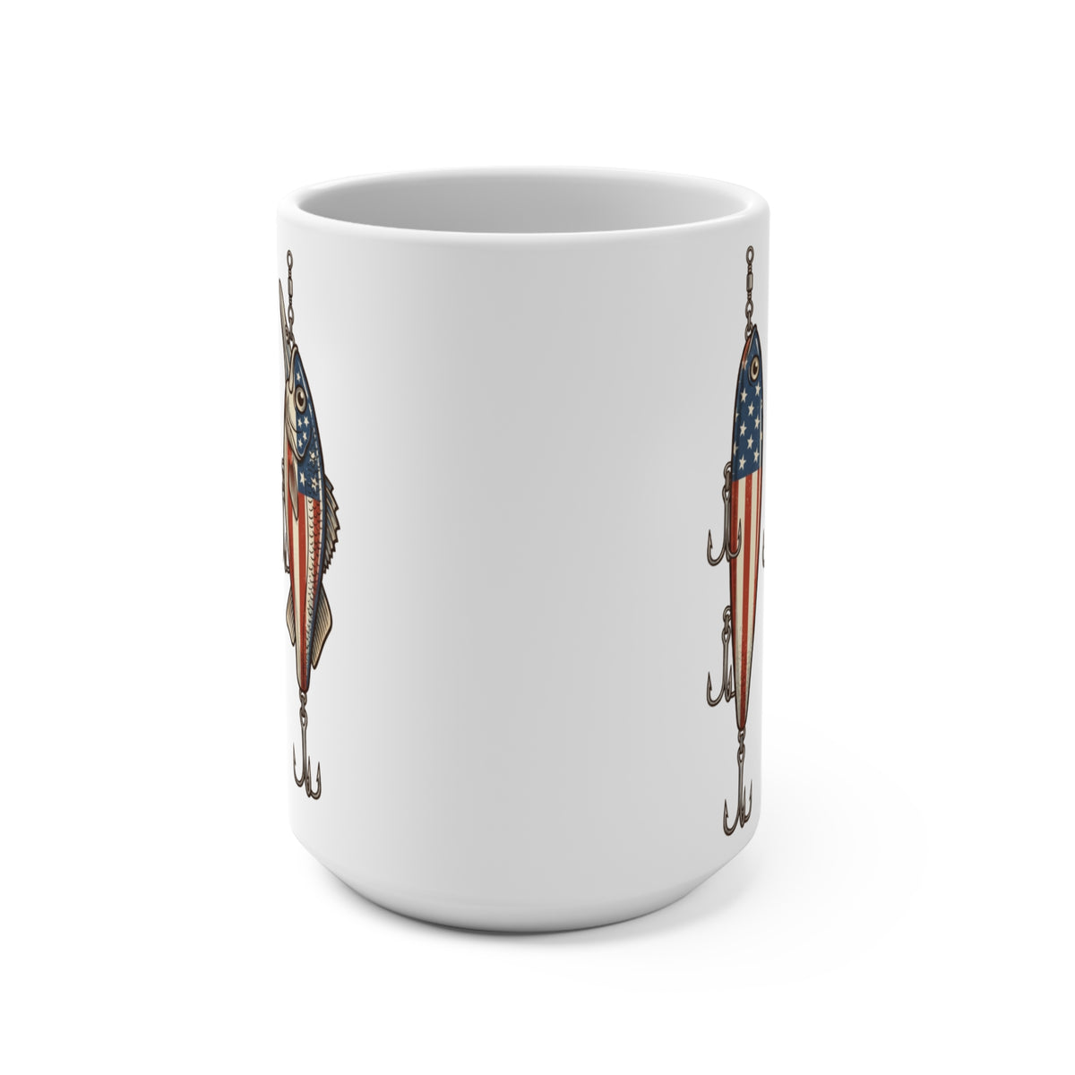 White mug with American flag fish lure design on both sides.