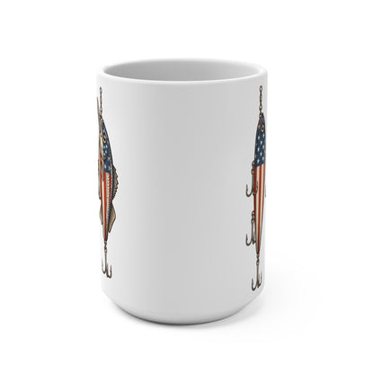 White mug with American flag fish lure design on both sides.