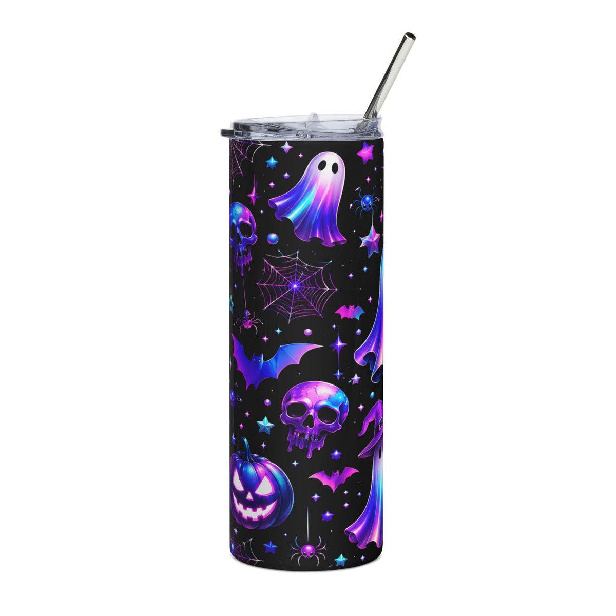 Black tumbler with purple and blue Halloween patterns: skulls, ghosts, bats, spiders, pumpkins, stars.