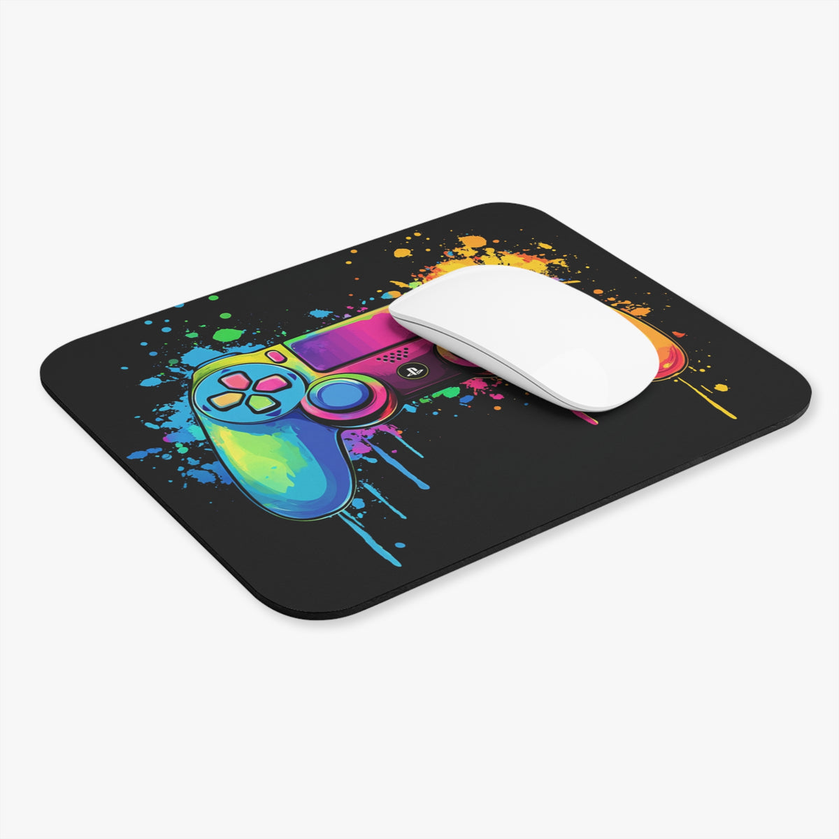 Black mousepad with colorful paint splatters and a rainbow game controller design.