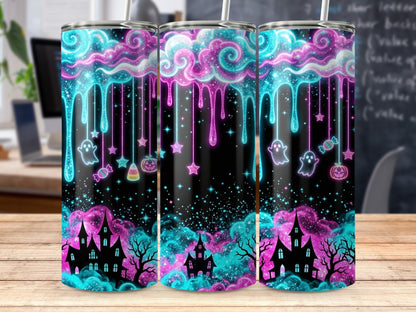 Tumbler with spooky haunted houses, ghosts, candy, and neon clouds.