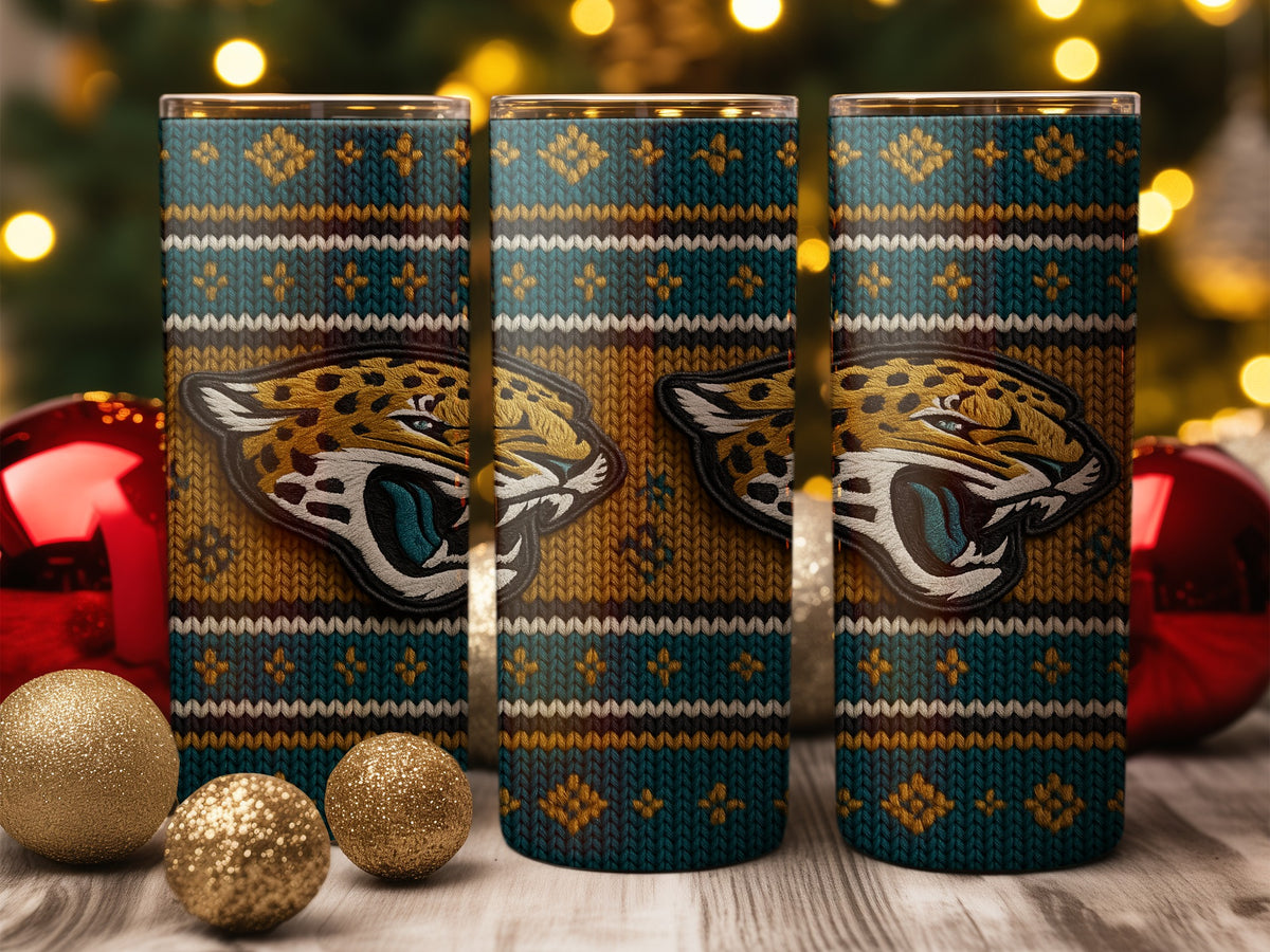 Three tumblers with Jacksonville Jaguars logo and festive knit pattern.