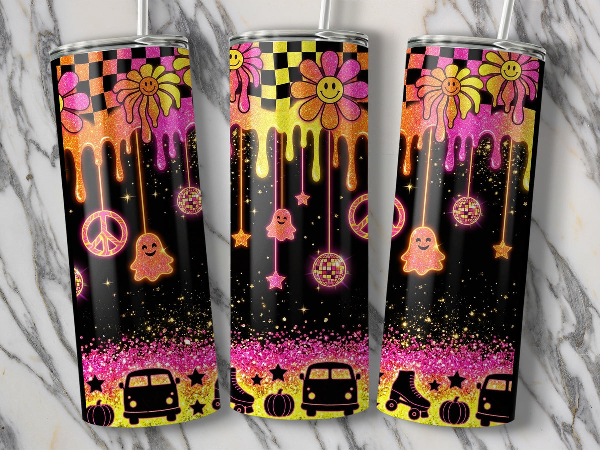 Triptych of tumblers with smiley face flowers, dripping glitter, peace signs, disco balls, and retro icons.