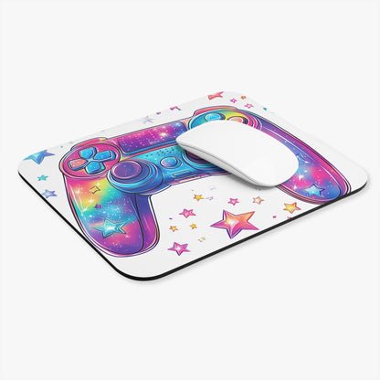 Gaming mousepad with colorful galaxy controller and stars design.