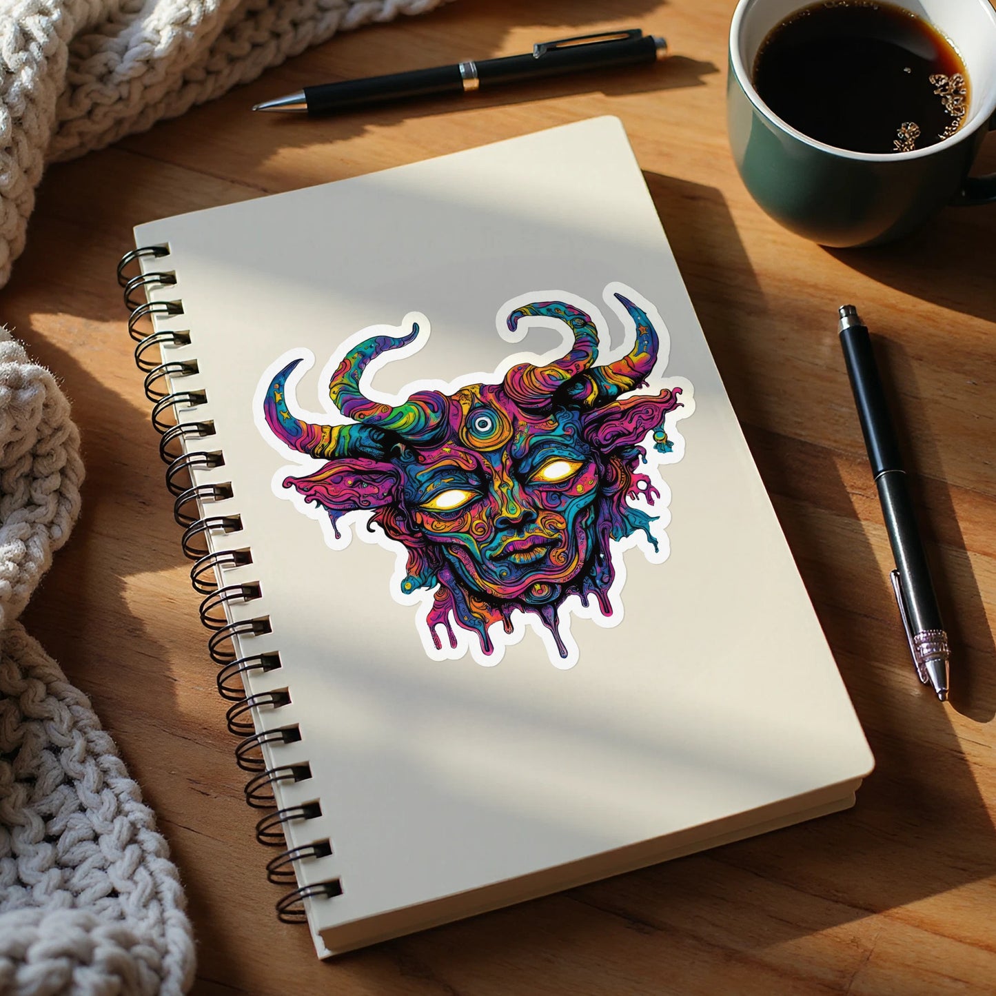 Trippy psychedelic demon bull sticker on a notebook with pens and coffee.