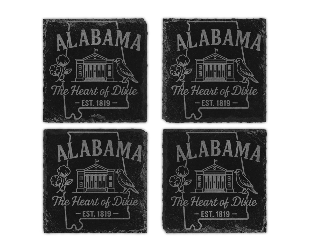 Four Alabama slate coasters with outline, state name, building, bird, cotton, and text.