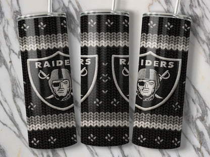 Three tumblers featuring the Raiders logo and a black and white knitted pattern.