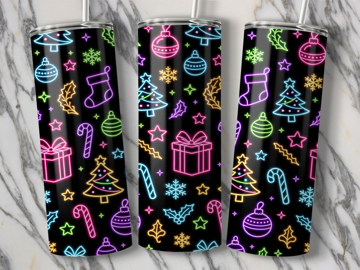Three tumblers with a black background and a neon Christmas pattern.