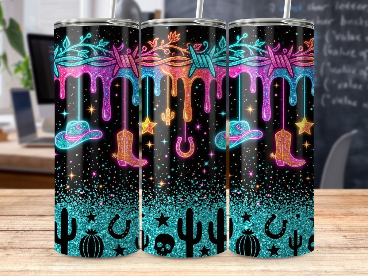 Neon Western design on black tumblers with dripping barbed wire, boots, hats, and cacti.