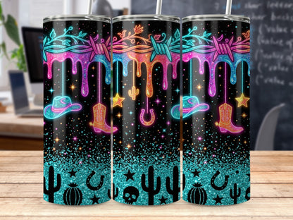 Neon Western design on black tumblers with dripping barbed wire, boots, hats, and cacti.