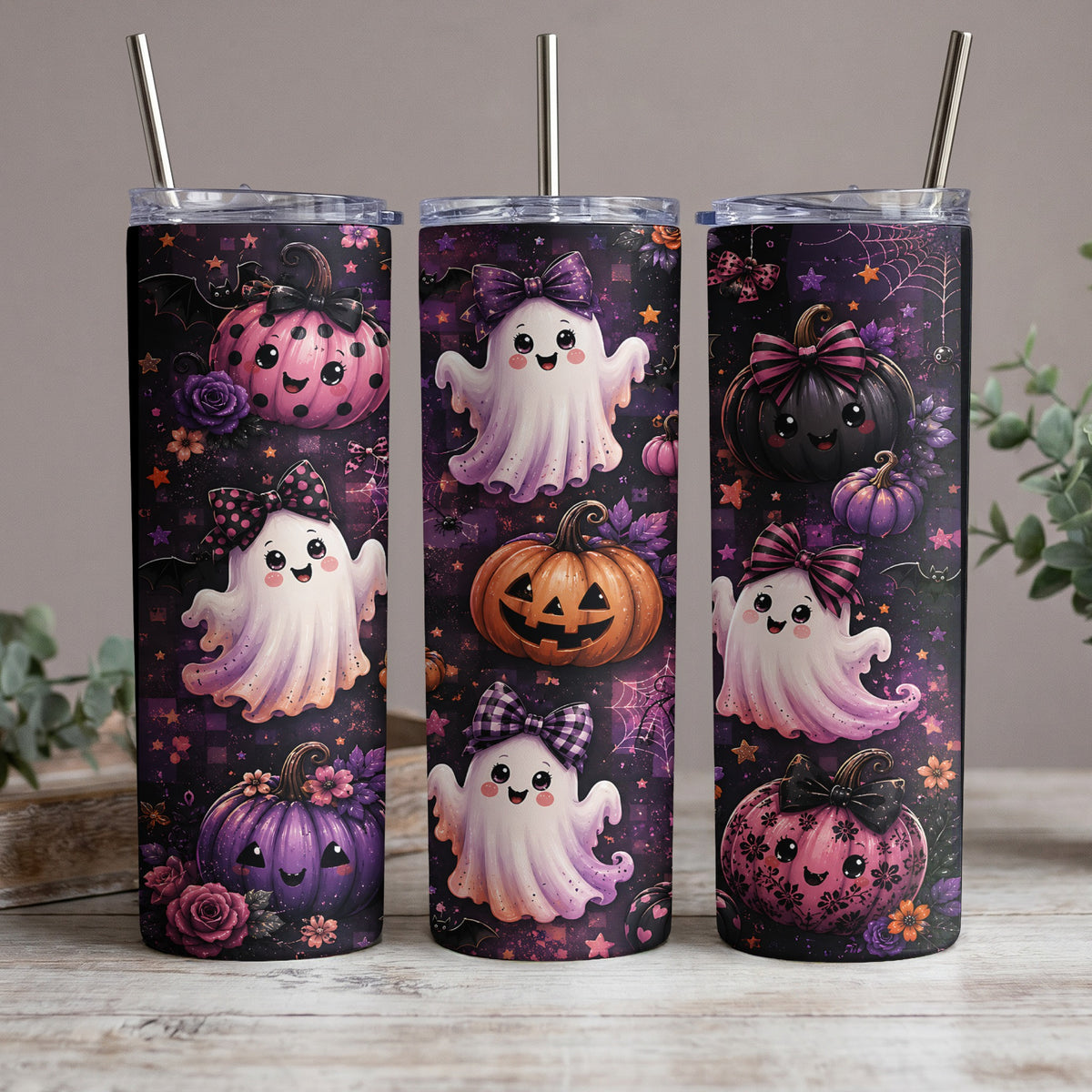 Three tumblers with Halloween ghosts and pumpkins on a dark, starry background.
