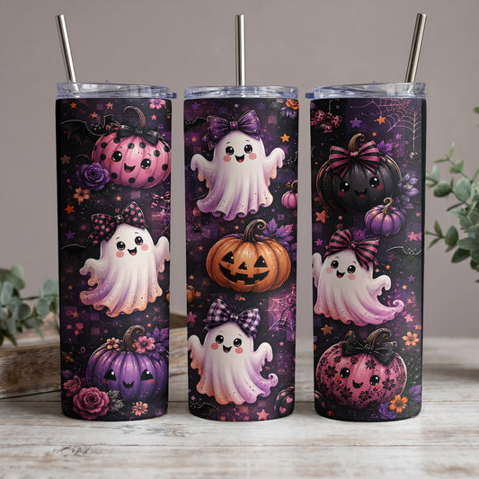 Three tumblers with Halloween ghosts and pumpkins on a dark, starry background.