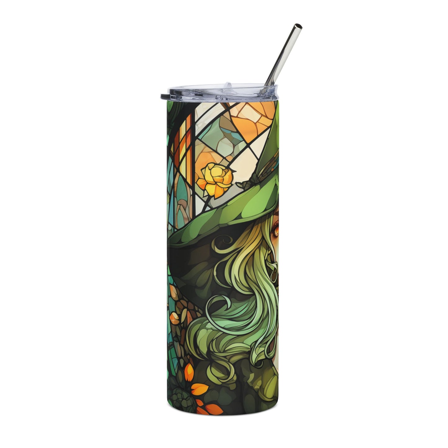 Tumbler with stained glass witch and yellow rose design, metal straw.