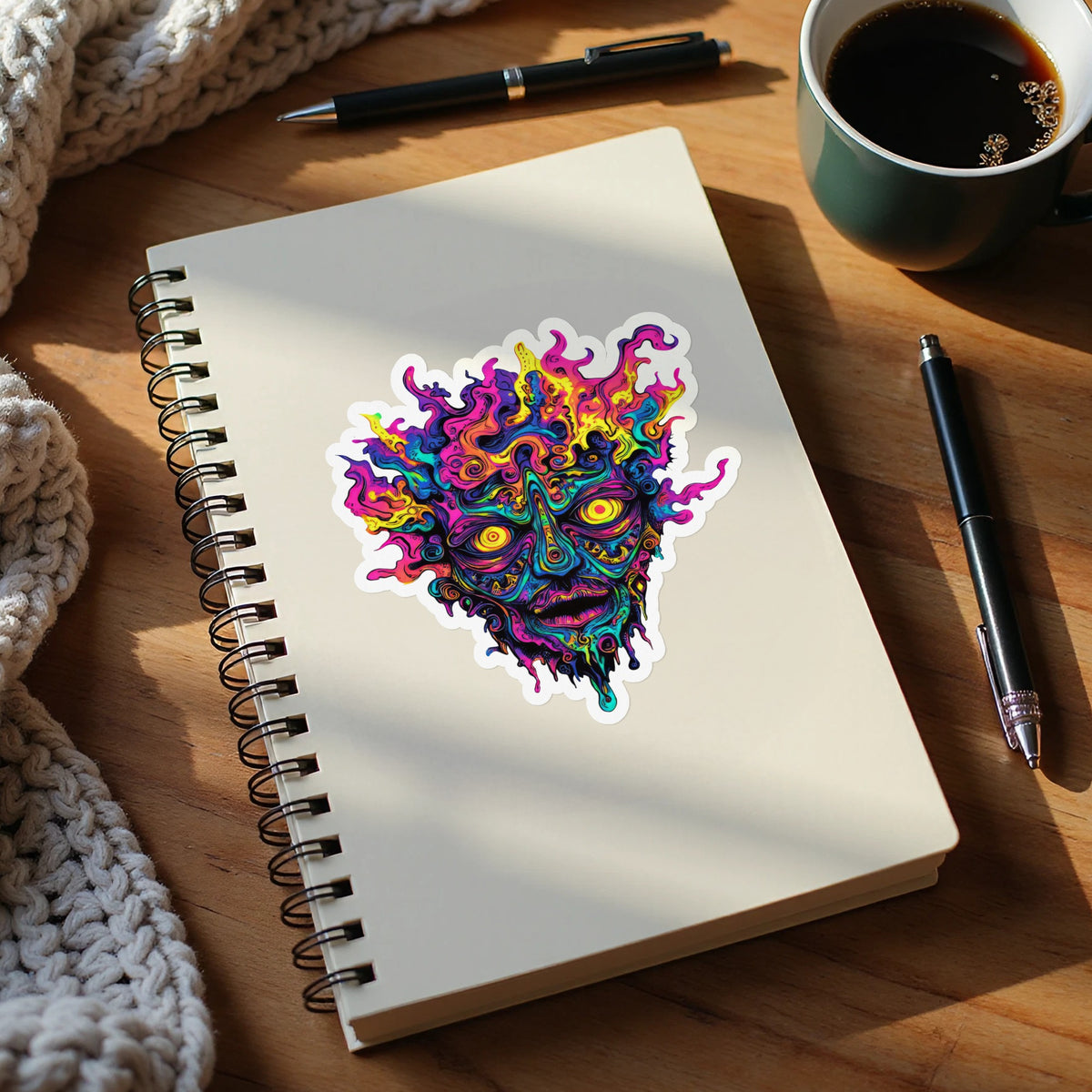 Colorful, abstract face sticker on a notebook with pens and coffee.