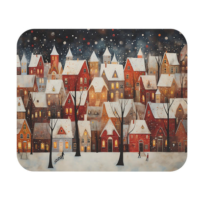 Watercolor of a snowy village at night with warm lights in windows.