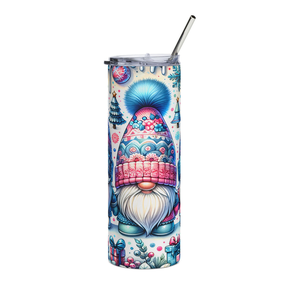 Tall tumbler with a gnome, Christmas trees, snowflakes, and gift pattern.