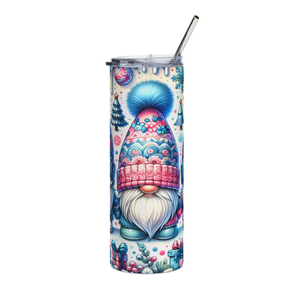 Tall tumbler with a gnome, Christmas trees, snowflakes, and gift pattern.