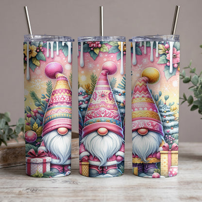Three tumblers featuring gnomes in festive winter scenes with gifts and snow.