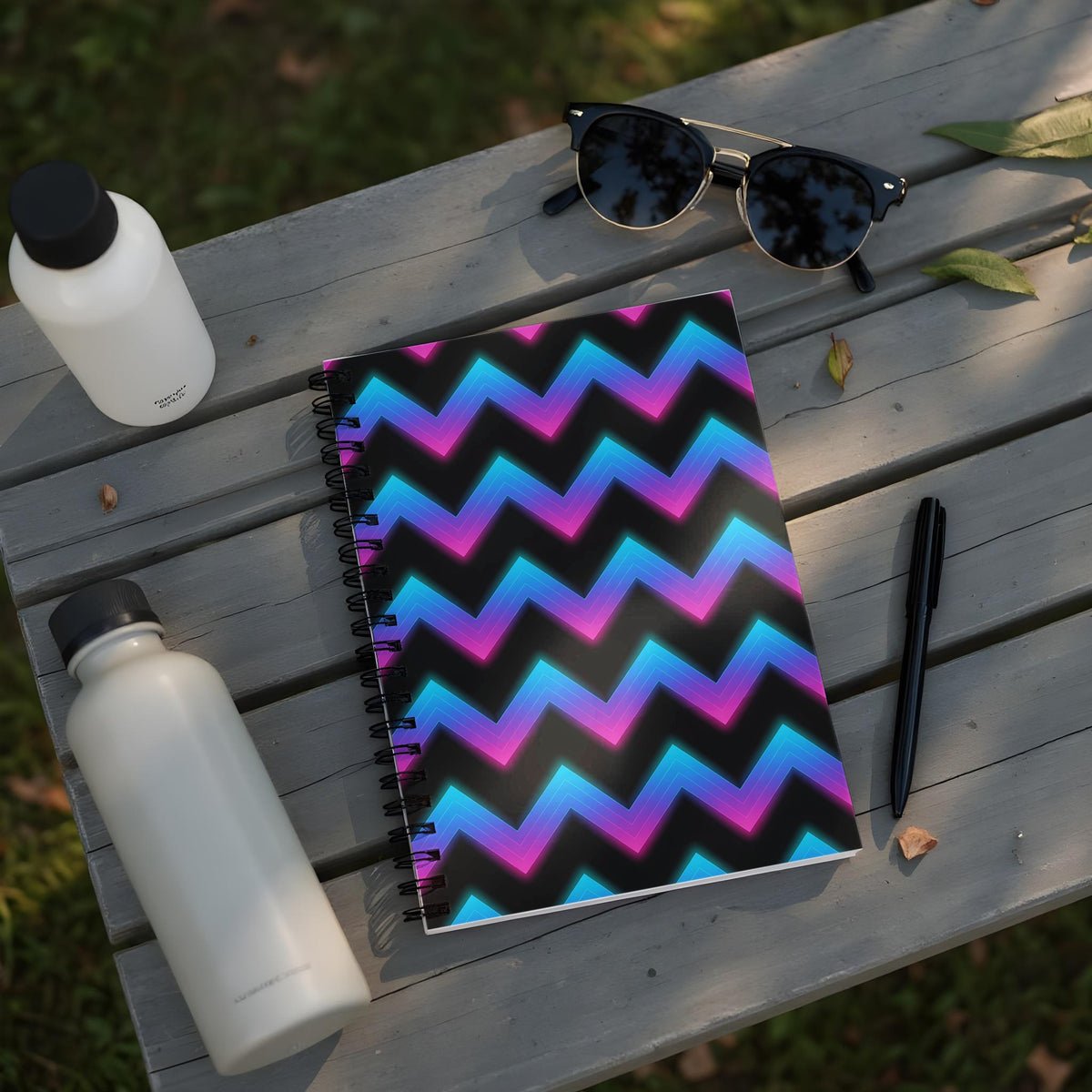 Notebook with a black cover featuring a neon pink, purple, and blue chevron pattern.