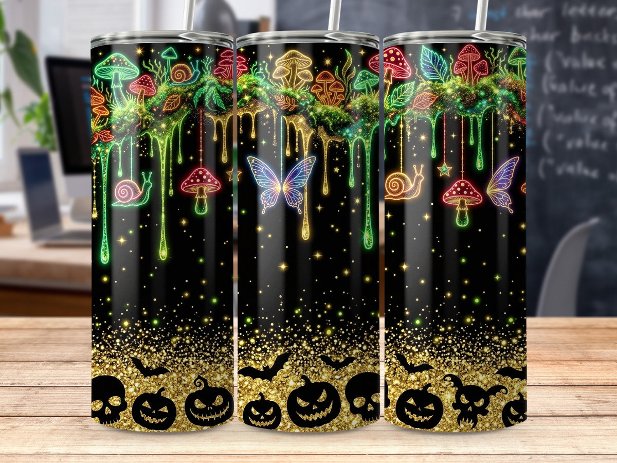 Black tumbler with neon mushrooms, snails, butterflies, bats, and Halloween figures.