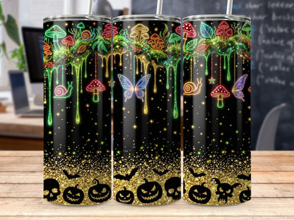 Black tumbler with neon mushrooms, snails, butterflies, bats, and Halloween figures.