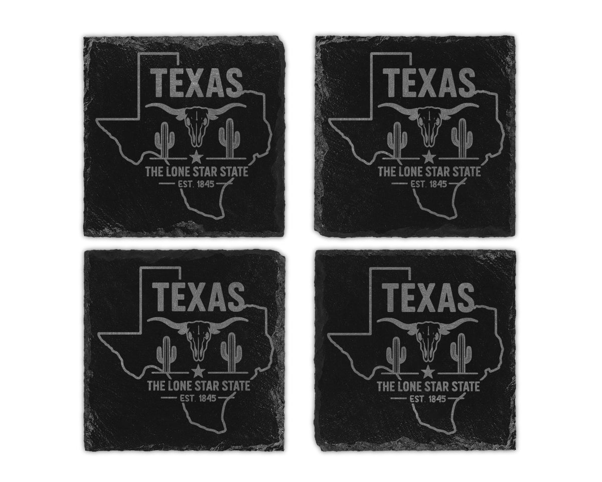 Four Texas-themed slate coasters featuring a longhorn skull and cacti.
