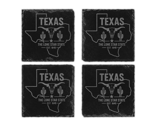 Four Texas-themed slate coasters featuring a longhorn skull and cacti.