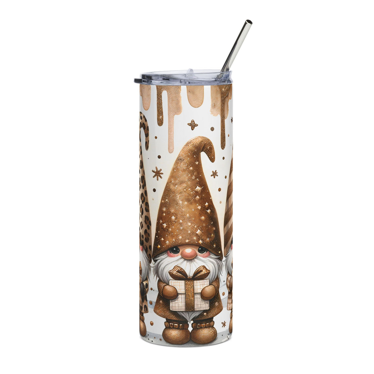 Tumbler with a white background, gold drips, and gnomes holding gifts.