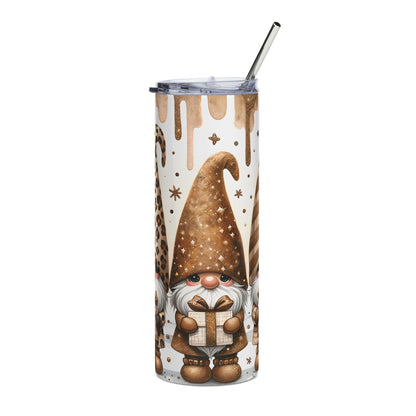 Tumbler with a white background, gold drips, and gnomes holding gifts.