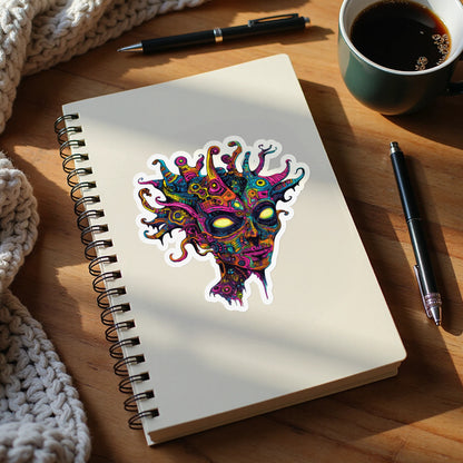 Abstract psychedelic sticker of a colorful, alien-like face with glowing yellow eyes.