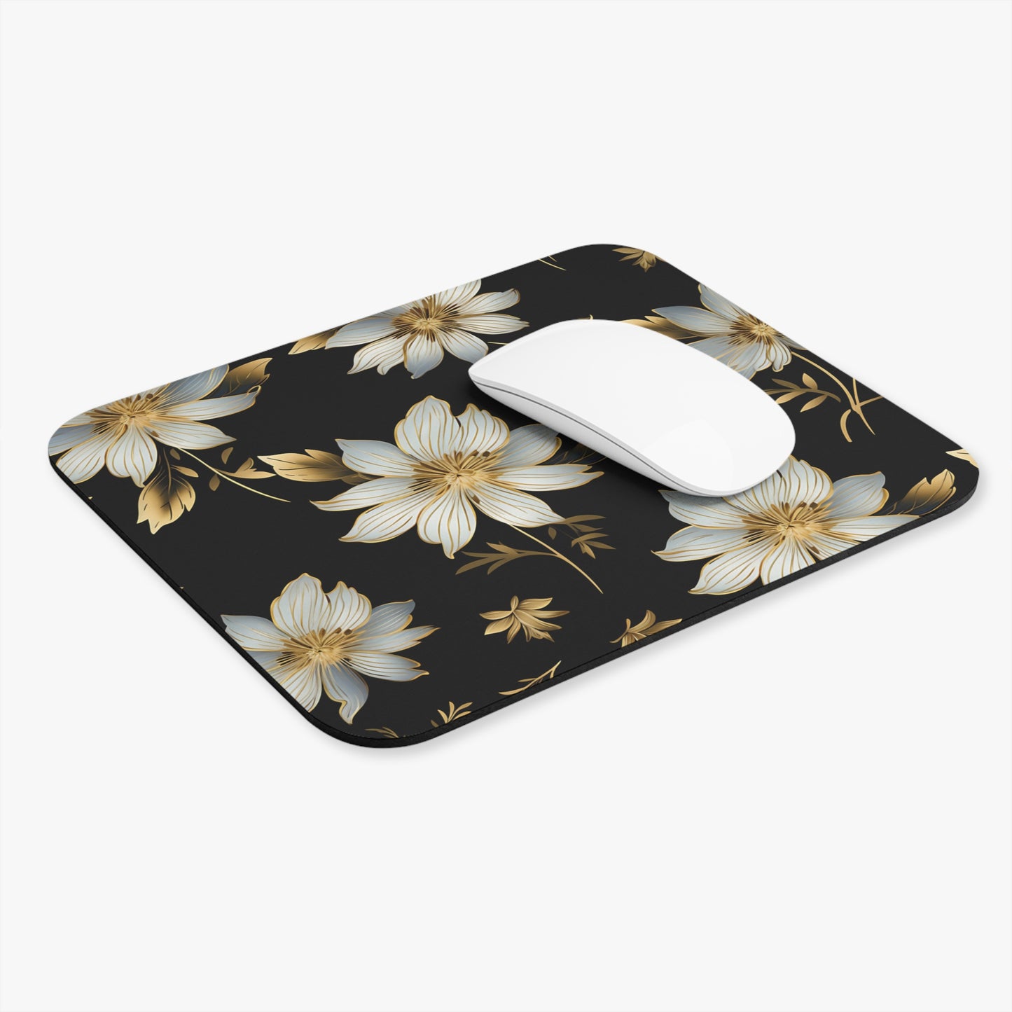 Black mousepad with gold and white floral pattern, featuring a white mouse.