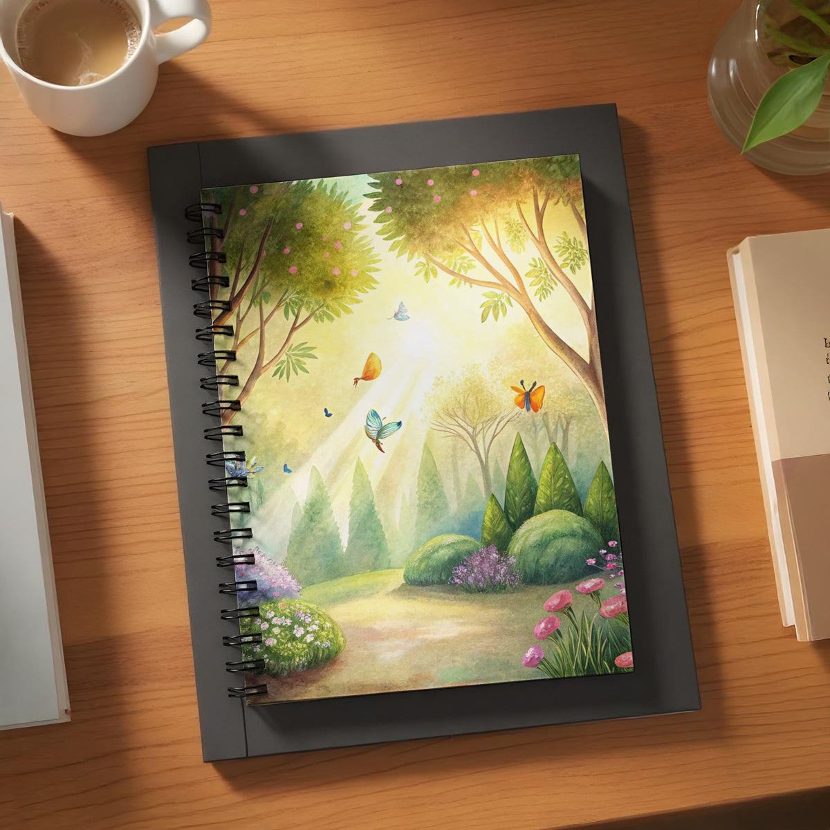 Spiral notebook with a watercolor illustration of a sunny garden with butterflies.