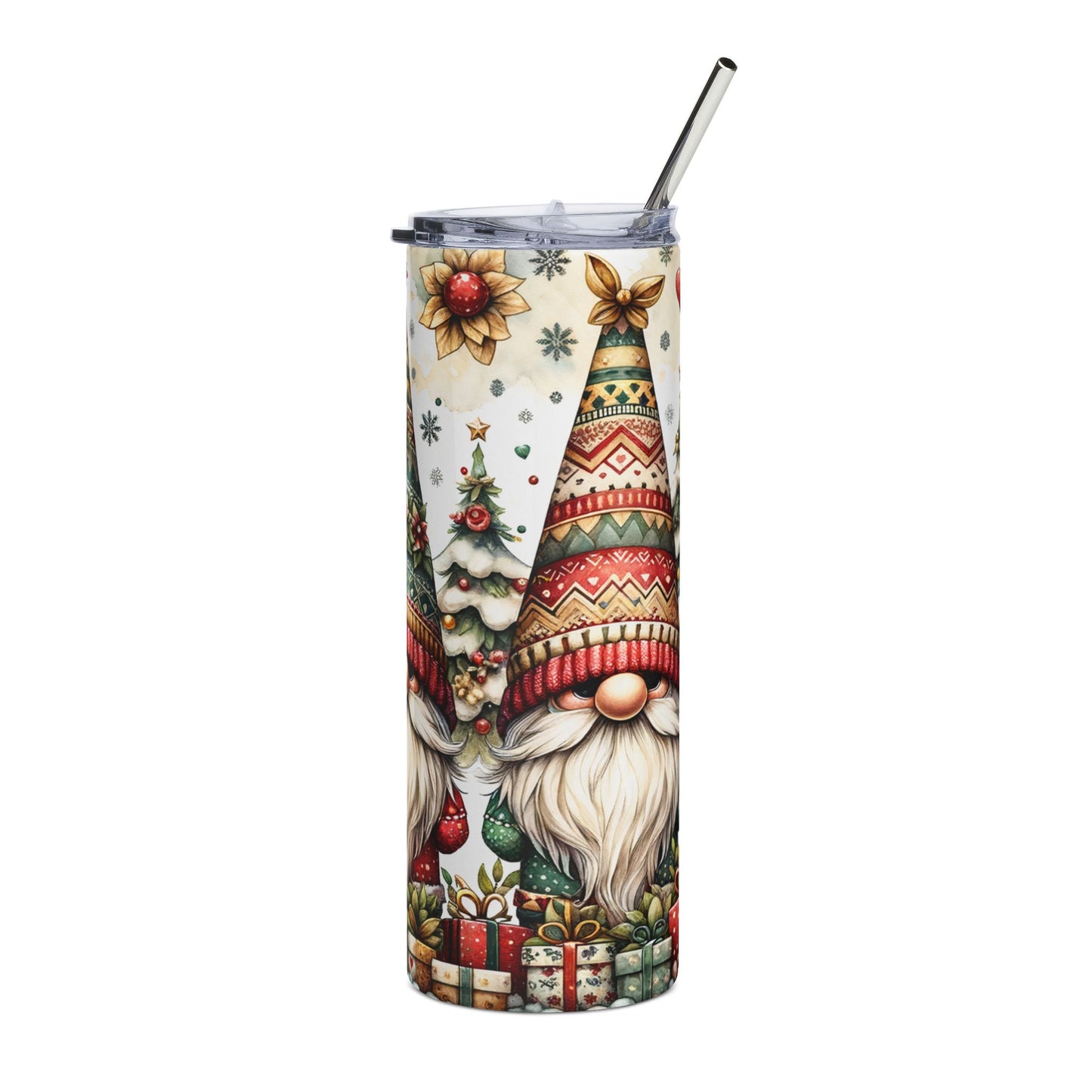 Tumbler with Christmas gnomes, trees, and gifts, featuring a metallic straw.