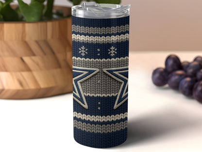 Dallas Cowboys ugly sweater tumbler with snowflakes and collar detail.