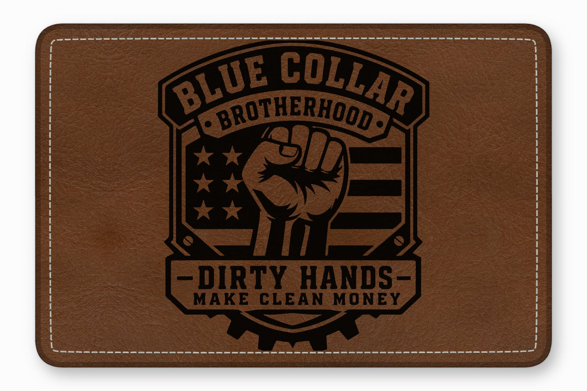 Brown leather patch with rounded corners, white stitching, and a black laser-engraved patriotic fist design.