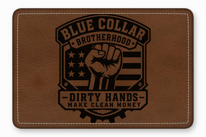 Brown leather patch with rounded corners, white stitching, and a black laser-engraved patriotic fist design.