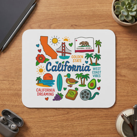 White mousepad with California-themed illustrations including the state outline, Golden Gate Bridge, and palm trees.