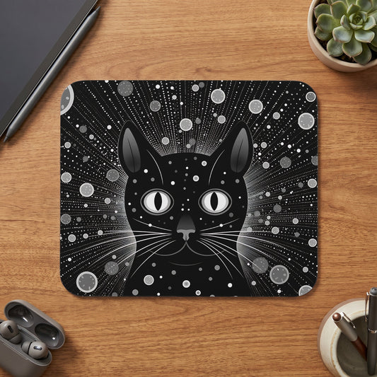 Black cat face with white dots and concentric circles against a dark background.