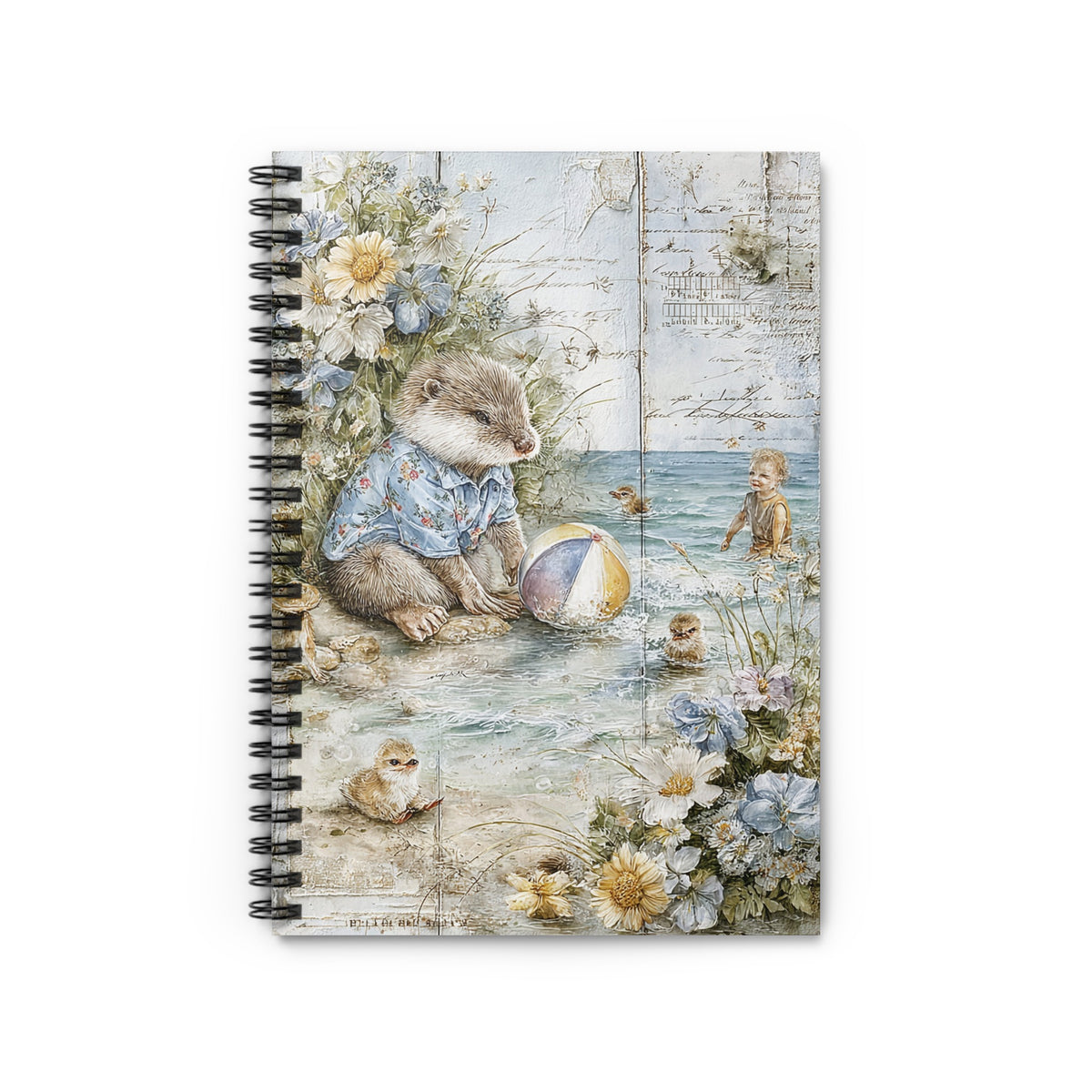 Notebook with an otter, chicks, a child, and flowers by the water.