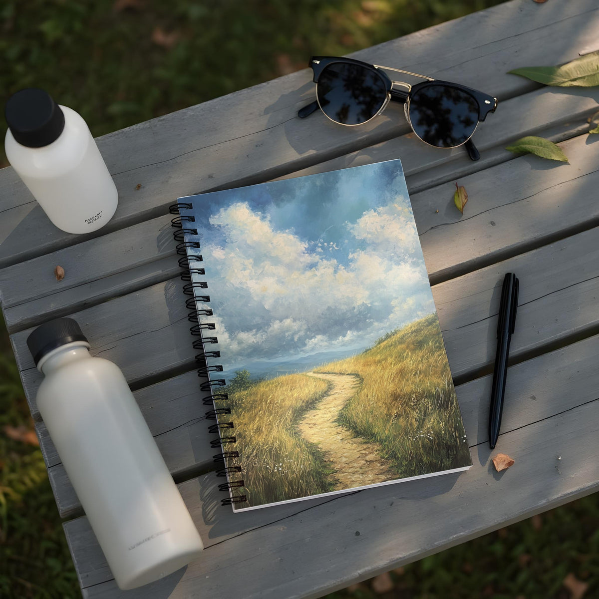Spiral notebook with painting of a path through a grassy hill under a cloudy sky.