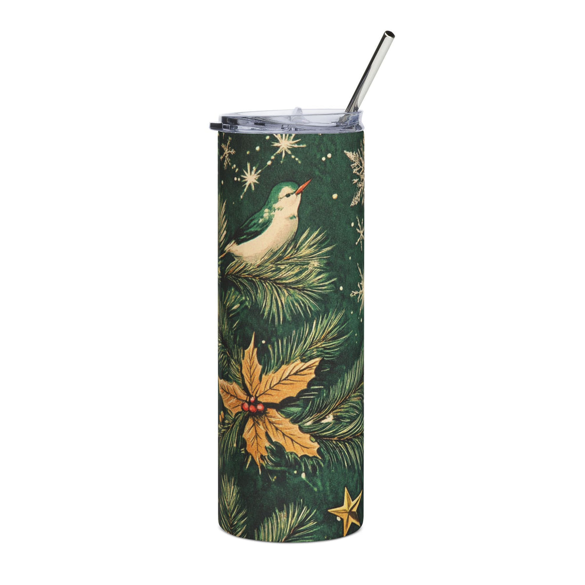 Green tumbler with bird, holly, pine needles, and snowflakes Christmas design.
