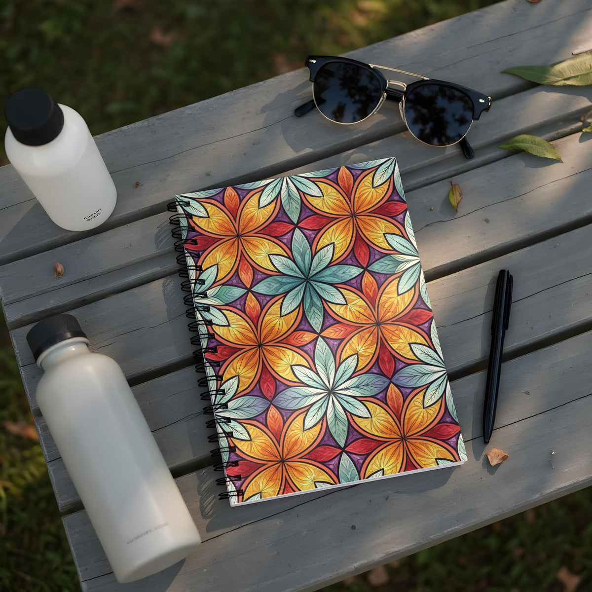 Spiral-bound notebook with colorful floral pattern on a wooden table.