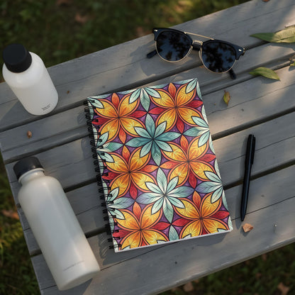 Spiral-bound notebook with colorful floral pattern on a wooden table.