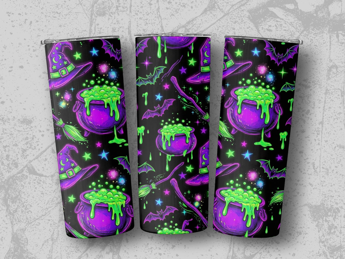 Three tumblers with a black background featuring purple witches' hats, cauldrons of green slime, bats, and stars.