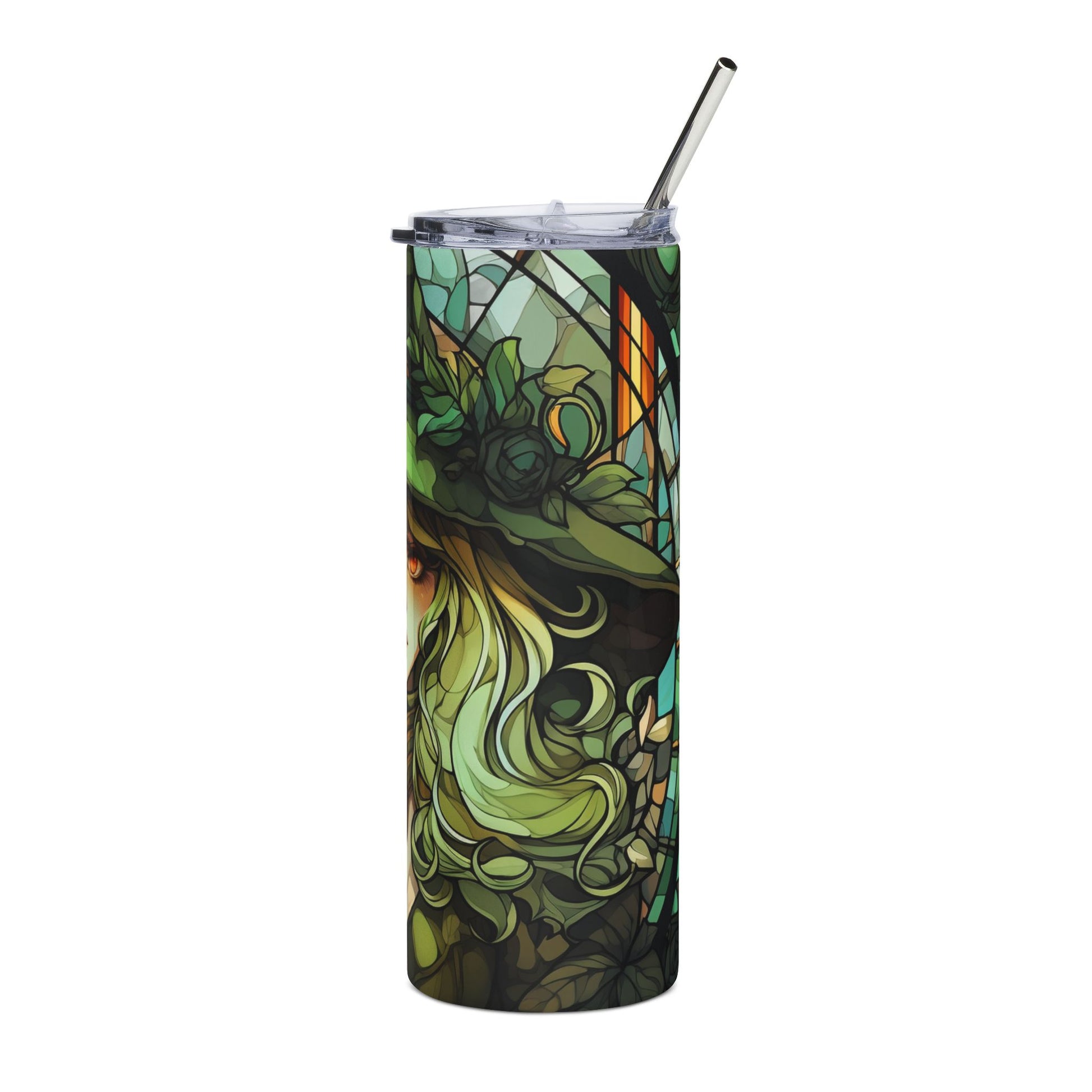 Tumbler with a stained-glass style green witch illustration and a silver straw.